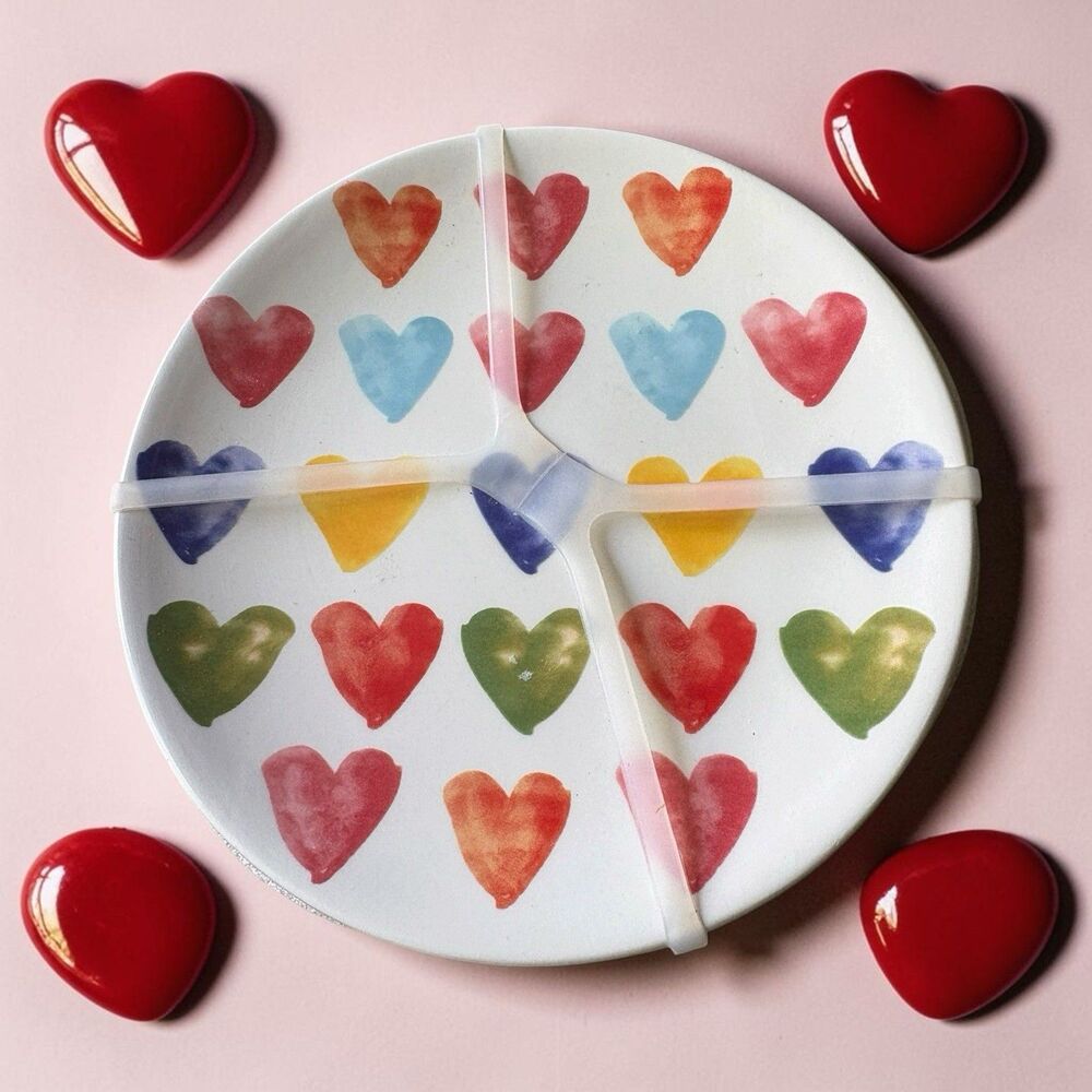 Maxcera 6" Appetizer Dessert Plates Set Of 4 Colorful Hearts Design Ceramic New